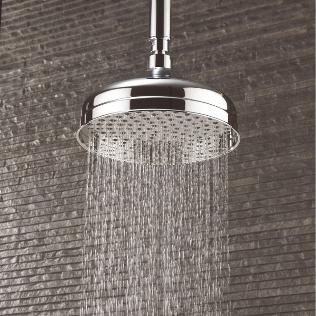 Close up product lifestyle image of the Crosswater Belgravia Chrome 200mm Shower Head